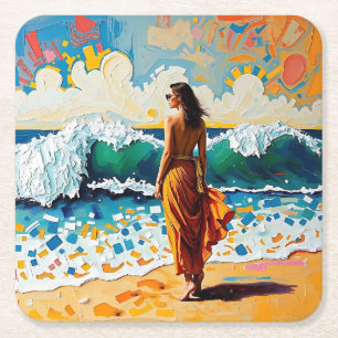 Vrouw op strand Abstract kustkunst Vierkante Kartonnen Onderzetter