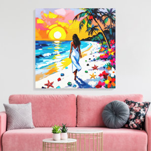 Vrouw op strand Tropisch decor Canvas Afdruk