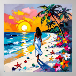Vrouw op strand Tropisch decor Poster