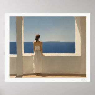 Vrouw op terras met uitzicht op zee poster