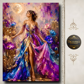 Vrouw Paarse Blauwe Jurk Maan Bloemen Decoupage Tissuepapier