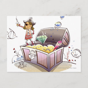 Vrouw piraat op een schatkist briefkaart