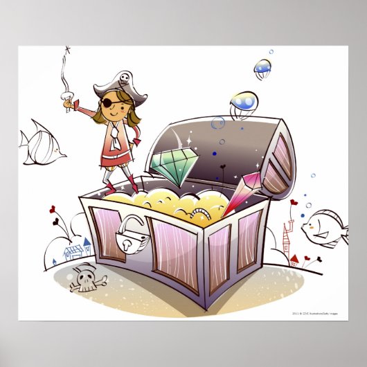 Vrouw piraat op een schatkist poster (Voorkant)