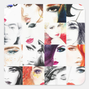 Vrouw Portret Collage Waterverf Illustratie Vierkante Sticker