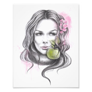 Vrouw portret met appel en bloesem Surreale kunst Foto Afdruk