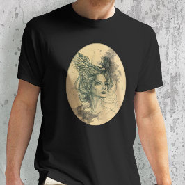 Vrouw portret Vogelschedel Vleugels Surrealistisch T-shirt