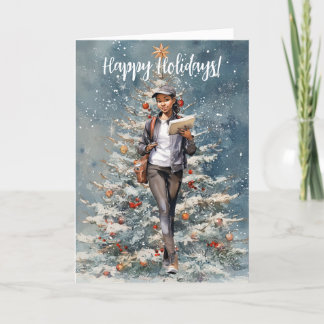 Vrouw Postal Carrier Kerstboom Kaart