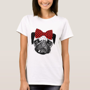 Vrouw Pug Dog Red Checkers Bow Original Pets Art T-shirt