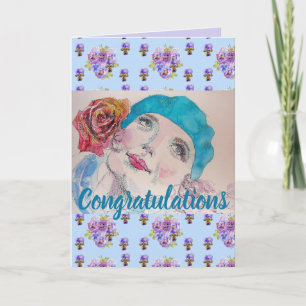 Vrouw Red Rose Floral Congatulation art Kaart
