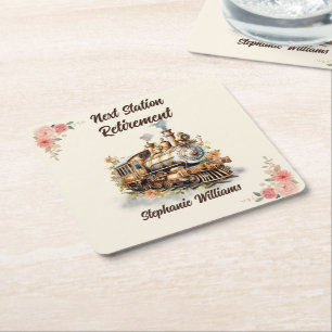 Vrouw reis vintage trein pensioenfeest  vierkante kartonnen onderzetter