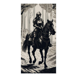 Vrouw ridder rijden op een paard in het bos perfect poster