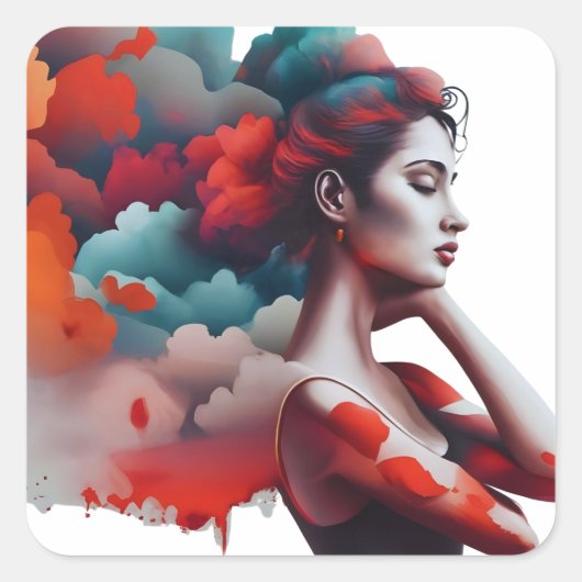 Vrouw silhouet, boho stijl, vierkante sticker (Voorkant)