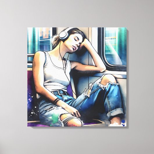 Vrouw Slapen op de metro Luisteren naar muziek Canvas Afdruk (Voorkant)