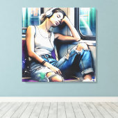 Vrouw Slapen op de metro Luisteren naar muziek Canvas Afdruk (Insitu (Houten vloer))