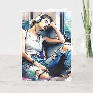 Vrouw Slapen op de metro Luisteren naar muziek Kaart