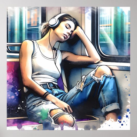 Vrouw Slapen op de metro Luisteren naar muziek Poster (Voorkant)