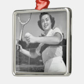 Vrouw Tennis 3 Metalen Ornament (Links)