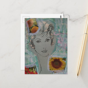 Vrouw uit de jaren 50 Retro Kapsel Mixed Media Col Briefkaart