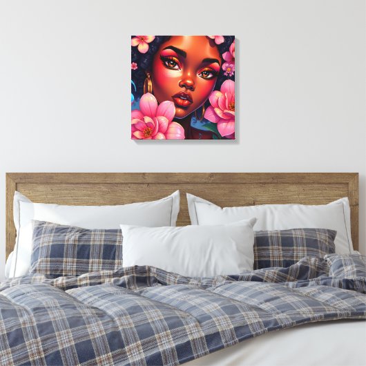 vrouw van kleur met roze bloemen canvas afdruk (Insitu (Slaapkamer))