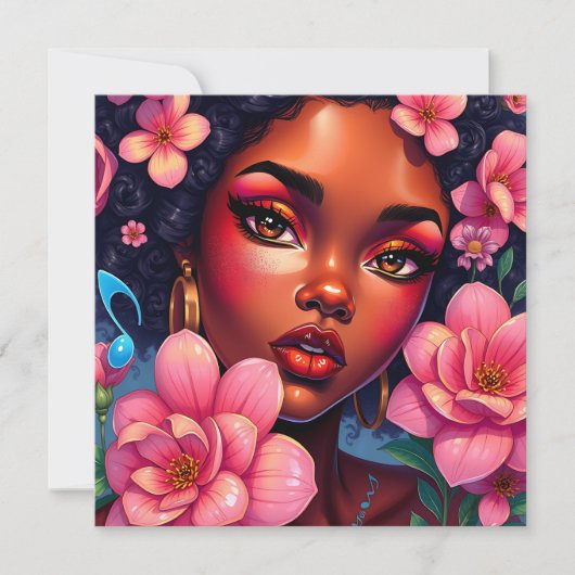  vrouw van kleur met roze bloemen kaart (Voorkant)