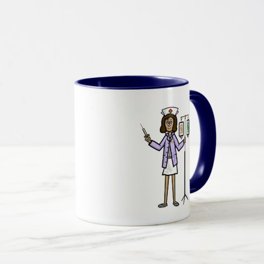 Vrouw verpleegster met IV zakken en Mok spuit (Voorkant rechts)