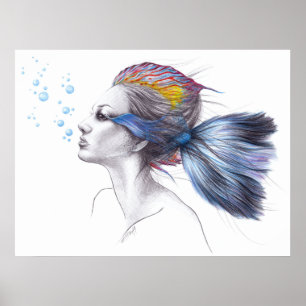 Vrouw vis Zeemeermin portret Surrealistische teken Poster