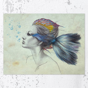 Vrouw vissen Mermaid portret Surreal Fantasy art  Foto Afdruk