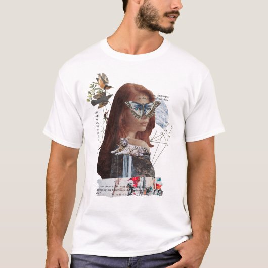 Vrouw, Vlinder, Vogels, Tijger Collage T-shirt (Voorkant)