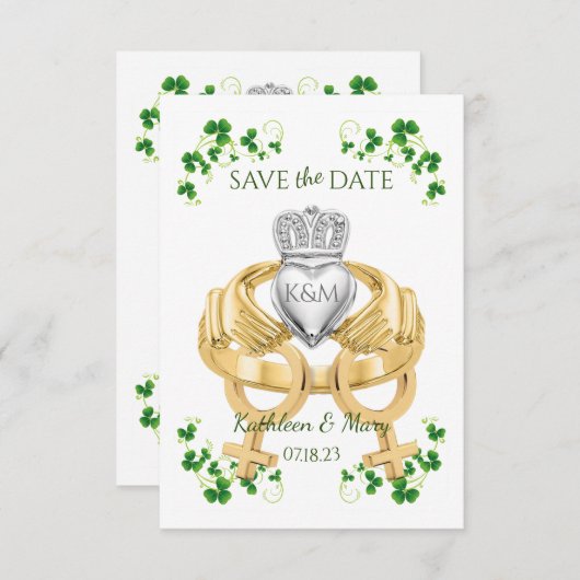 Vrouw Vrouw Irish Claddagh Ring and Shamrocks Save The Date (Voorkant / Achterkant)
