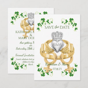 Vrouw Vrouw Irish Claddagh Ring and Shamrocks Save The Date