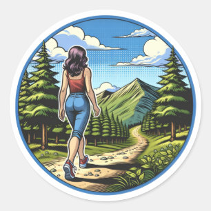 Vrouw Wandelen Een Natuur Proef Ronde Sticker