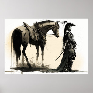 Vrouw Warrior and Horse, Schetskunst, Inktkunst Poster