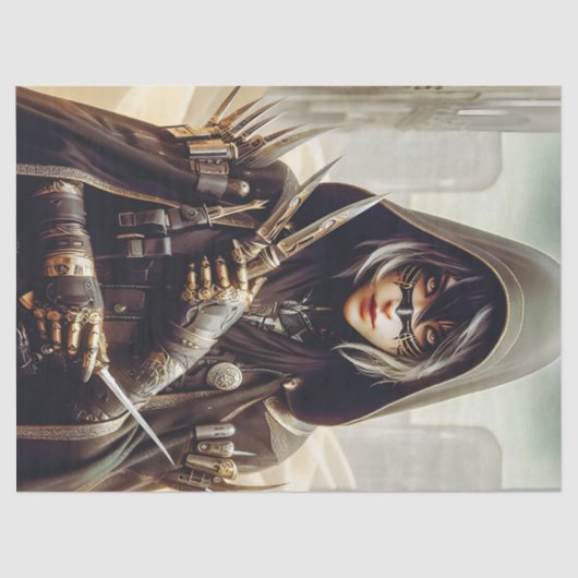 Vrouw Warrior gekleed in zwart Sci Fi Decoupage Tissuepapier (Voorkant)