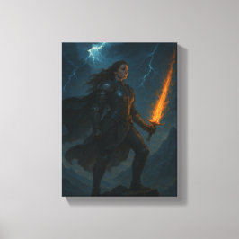 Vrouw Warrior met vlammend zwaard op Stormy Cliff Canvas Afdruk