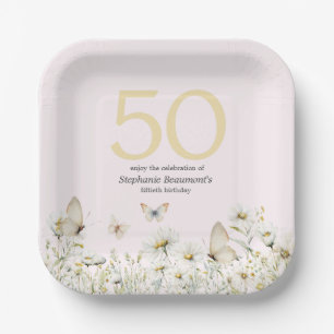 Vrouw Witte Wildflower Eenvoudige 50ste Verjaardag Papieren Bordje