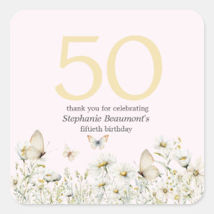 Vrouw Witte Wildflower Eenvoudige 50ste Verjaardag Vierkante Sticker