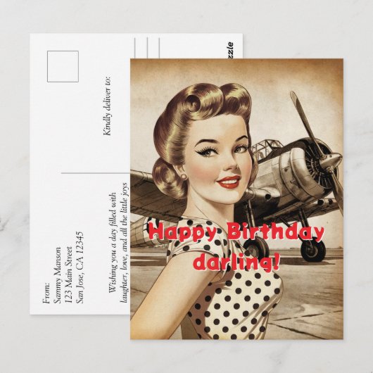 vrouw & WO2 Vliegtuig, Elegante Birthda Briefkaart (Voorkant / Achterkant)