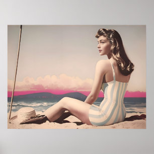 vrouw zit op het strand poster