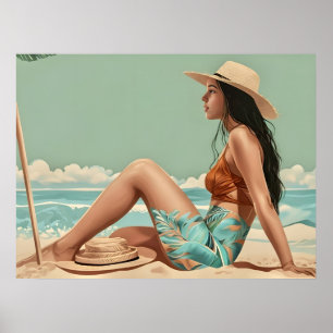 vrouw zit op het strand poster