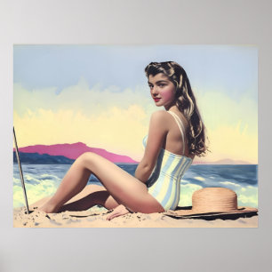 vrouw zit op het strand poster
