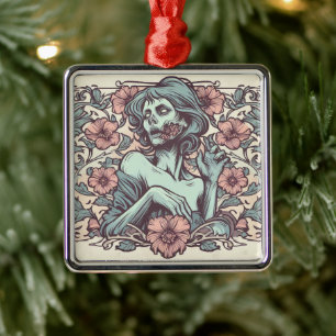 Vrouw Zombie Art Nouveau met Flowers Metalen Ornament