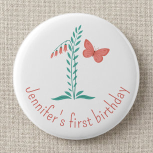 Vrouwelijk 1e verjaardag Baby Vlinder Bloem Ronde Button 5,7 Cm