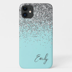 Vrouwelijk Aqua Blauwe Zilveren Glitter Monogram iPhone 11 Hoesje
