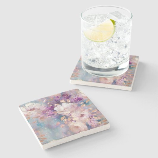 Vrouwelijk Blauw Wit Goud Paarse Bloemen Stenen Onderzetter (Zijkant)