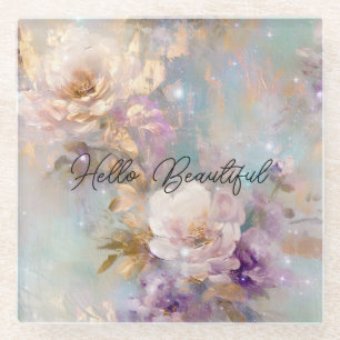 Vrouwelijk goud Paarse witte bloemen Glazen Onderzetter