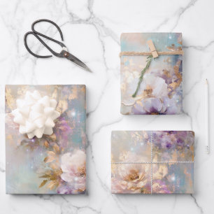 Vrouwelijk goud Paarse witte bloemen Inpakpapier Vel