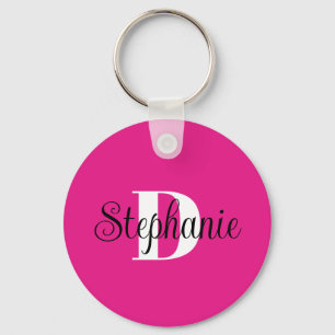 Vrouwelijk heet roze zwart en wit modern monogram sleutelhanger