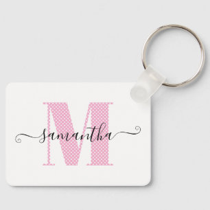 Vrouwelijk lichtroze en witte polka stip monogram sleutelhanger