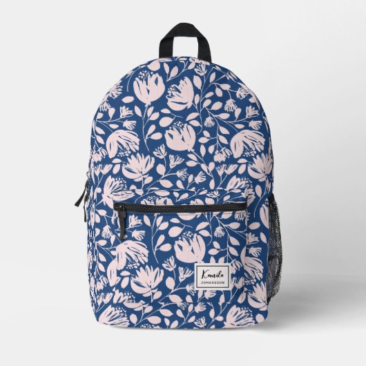 Vrouwelijk Roze Abstracte Bloemen Custom Script Na Bedrukte Rugzak (Voorkant)