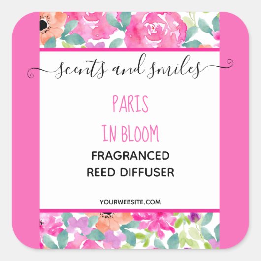 Vrouwelijk Roze Bloemen Reed Diffuser Productlabel Vierkante Sticker (Voorkant)
